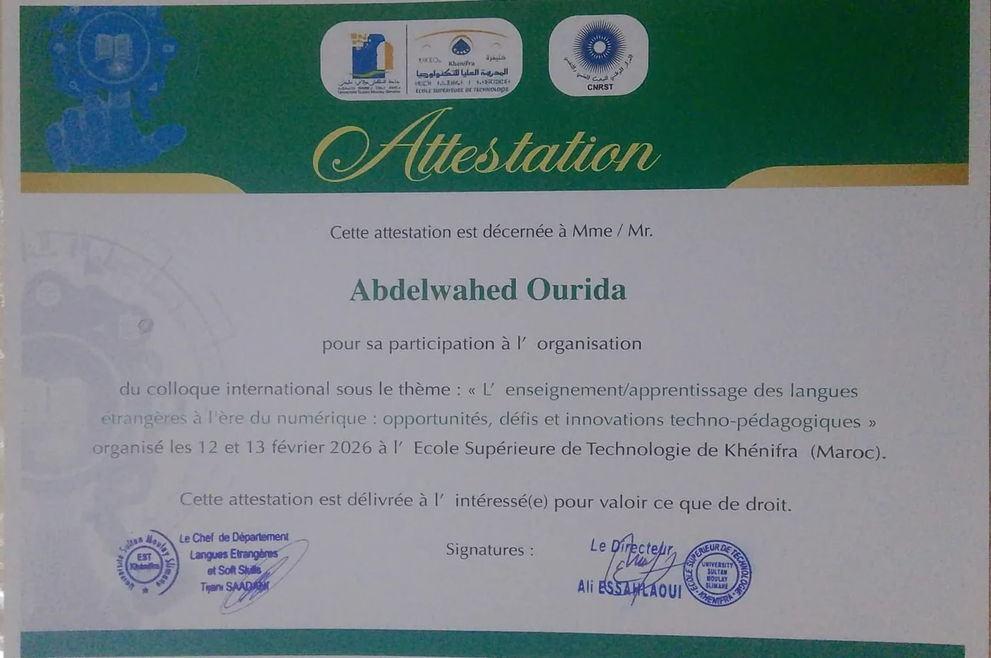 Certificate for organizing an international language-learning colloquium