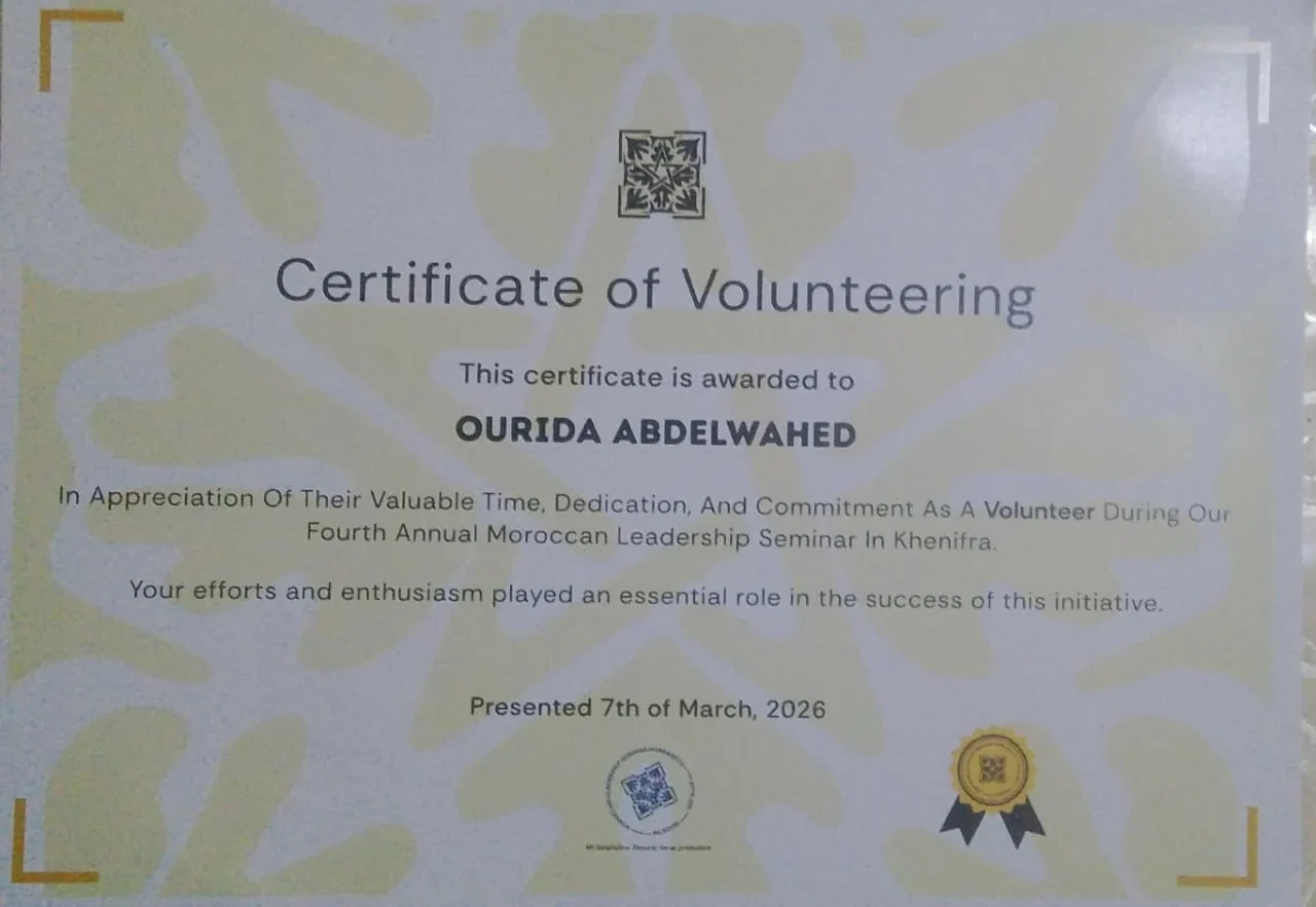 Volunteer participation certificate for a Moroccan leadership seminar